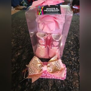 New Baby Girl 0-6 Month Glitter Pink Western Boots And Headbands